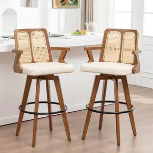 Swivel Bar Stools Set of 2 - 30 inch Mid Century BarStools with Curved Backs and Arms,  Rattan Bar Stools for Kitchen/Island (30" Seat Height, Beige)