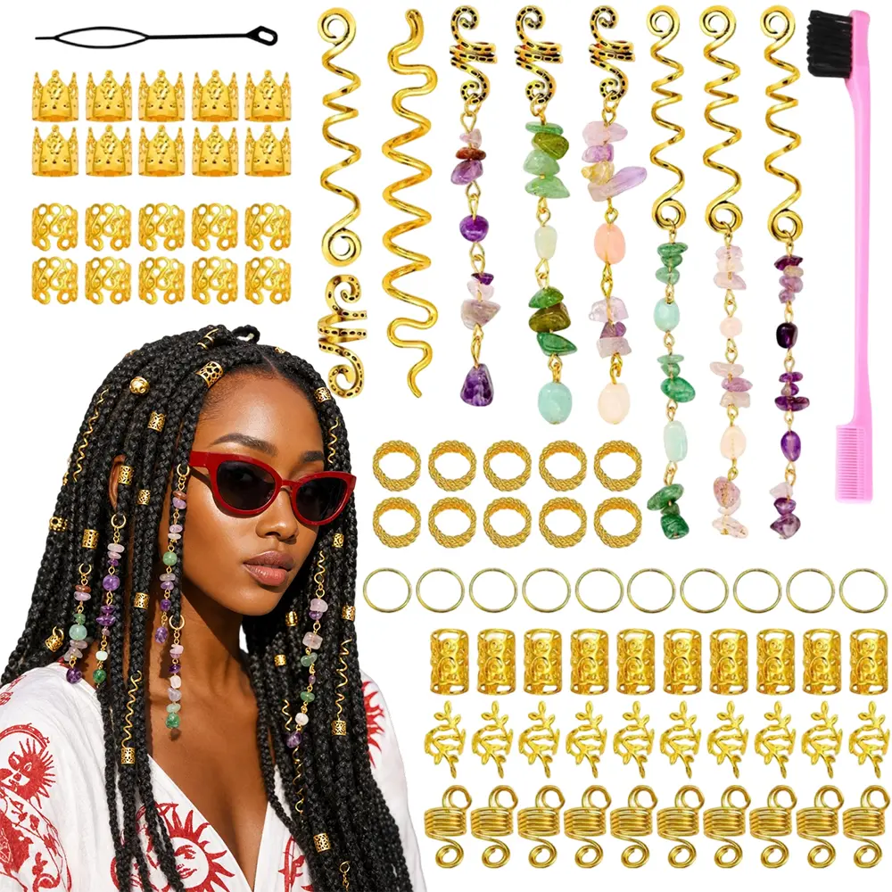 80 Pieces Boho Ethnic Dreadlock Accessory Pack, Metallic Spiral Hair Spirals with Glass Stone Pendants, Decorative Braiding Cuffs and Rings, Complete Styling Jewelry Kit Including Double Sided Pink Mini Comb for Braided Hairstyles