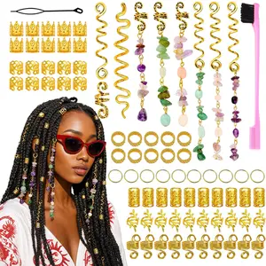 80 Pieces Boho Ethnic Dreadlock Accessory Pack, Metallic Spiral Hair Spirals with Glass Stone Pendants, Decorative Braiding Cuffs and Rings, Complete Styling Jewelry Kit Including Double Sided Pink Mini Comb for Braided Hairstyles