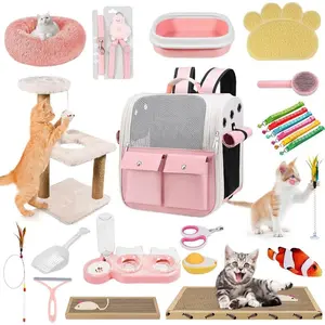 Kitten Starter Supplies Starter Kit, 20 pcs of Cat Essentials and Stuff, Including Cat Bed, Carrier, Litter Mat, Litter Box, Collar, Bowls,and Others, for New Cat Owner - Pink