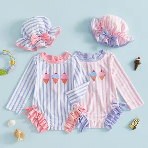 Female infant and baby 2-piece sweet and cute ice cream striped swimsuit set - long sleeved UV resistant and rash resistant swimsuit with sun hat (0-3T)