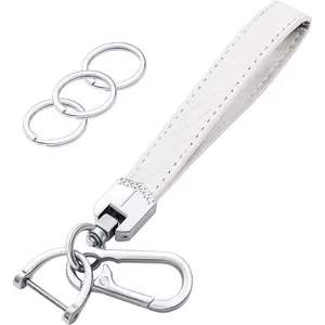 Leather Wristlet Keychain,Car Key Chain Wrist Keychain with 3 Key Ring and Anti-Lost D Ring (White Silver)