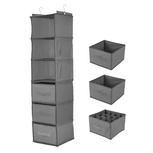 6-Tier Hanging Closet Organizer with 3 Drawers, Foldable Non-Woven Fabric Storage Shelves, 11.8x11.8x47.2 Inches, Storage for Clothes, Sweaters, Shoes, Space Saving for Bedroom Closet Organization