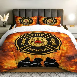 3PCS Duvet Cover Set, 1 Duvet+2 Pillowcases(Without filler), Firefighter Courage Heroism Bravery Safety theme, Independence Day bedding set, Fire Rescue Suitable for decoration bedroom, hotel, guest room, living room.