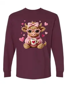 Valentine highland Cow Faux yarn on Gildan long sleeve