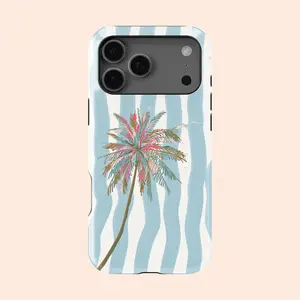 Beach Vacation Tropical Palm Trees Wavy Stripes Phone Case For iPhone 17 16 15 14 13 12 Pro Max Tough MagSafe Samsung Galaxy S26 S25 Ultra