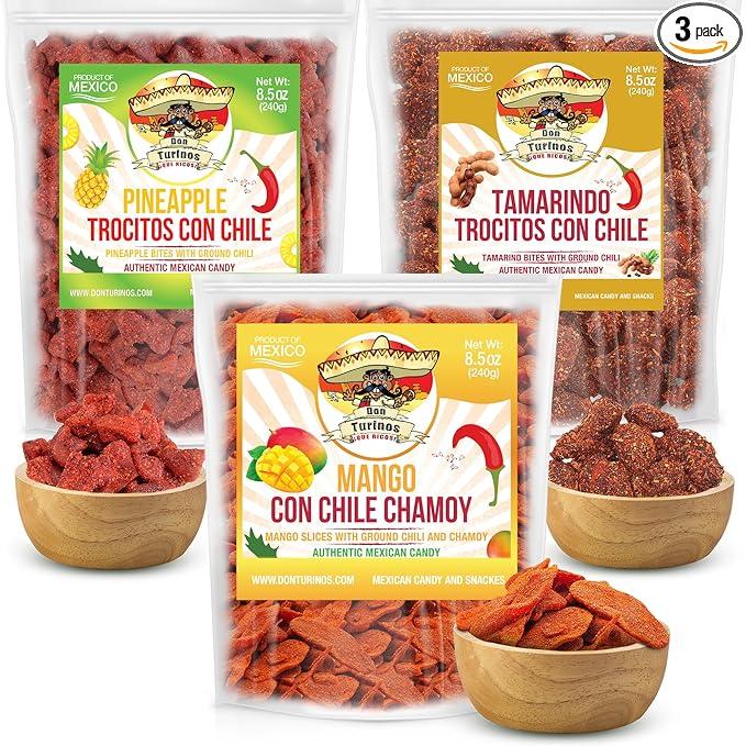 Mexican Fruit Candy 3-Pack, Dulces Mexicanos, Mango Chamoy, Pineapple Chile, and Tamarind Chile, Sweet and Spicy Candies Assortment by Don Turinos
