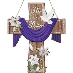Easter Door Sign He Is Risen Hanging Decor Religious Cross Sign Easter Wreaths for Front Door Christian Flowers Lent Hanging Hanger for Farmhouse Front Porch (Cross,13.1 x 10.6 Inches)