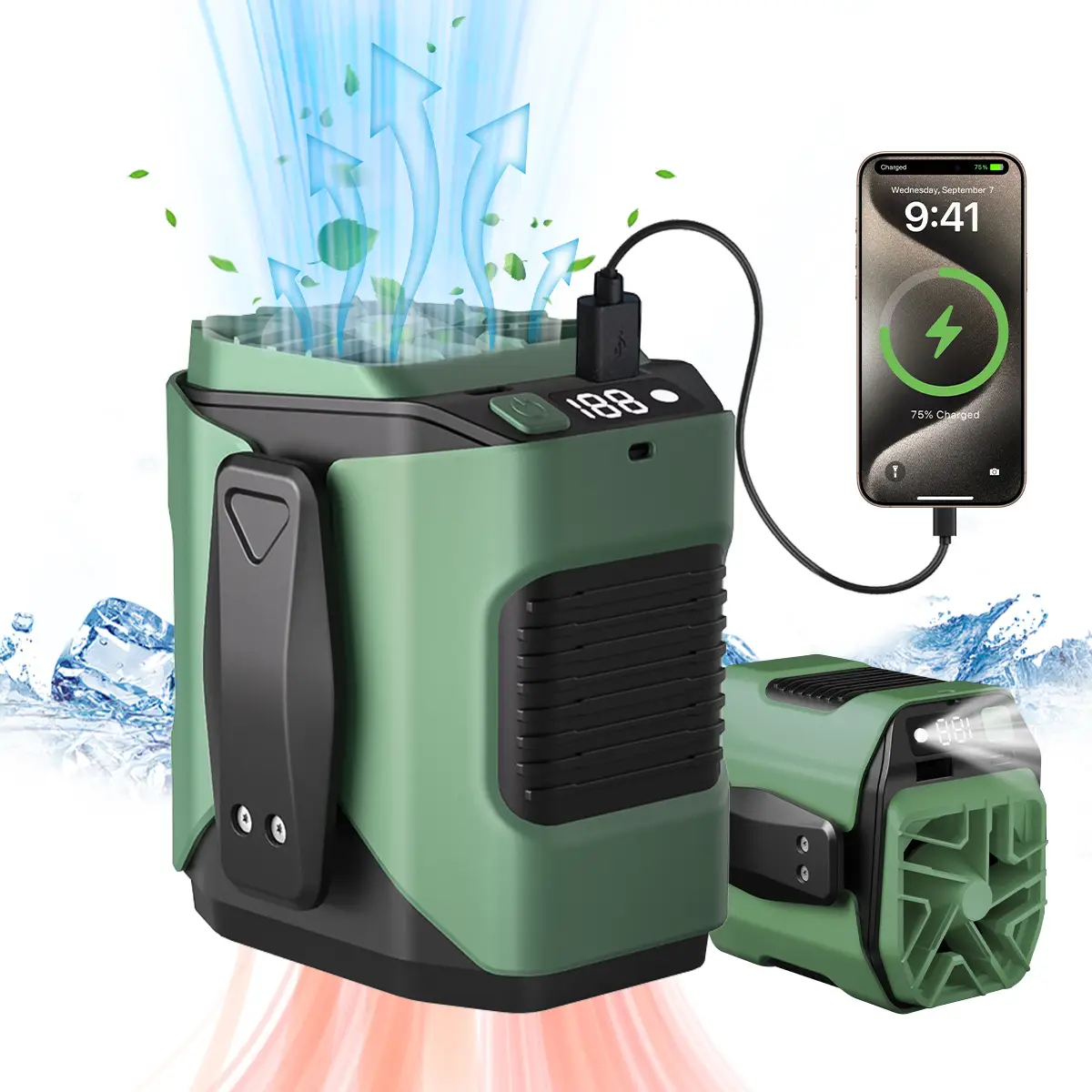 Upgrade Personal Portable Waist Clip Fan,Rechargeable 5000mAh Battery Power bank,10 Speeds 5300RPM Strong Airflow, LED Light, up to 8H of Working Time