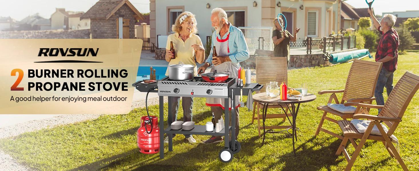 [TOP RATED - FLASH SALE] ROVSUN 2-Burner 150000 BTU Camping Propane Stove with Wheels & Side Shelves