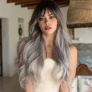 SMILCO/28 Inches Ombre Grey Daily Style Body Wavy With Bangs Synthetic Wigs Daily Style Synthetic Hair Wig for Comfort and Style/SM7610