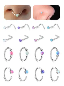 Opal Nose Rings Hoops Set - 18g & 20g Nose Piercing Jewelry Stainless Steel  Silver Nose Studs L Shaped Screw White Opal