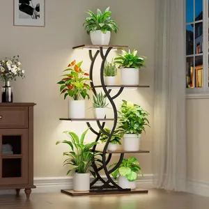 Stand Indoor with Grow Lights - 44" Tall Corner  Stands for Indoor , 5 Tiered Metal  Shelf, Curved  Flower Holder Dispaly Rack for Living Room,  Patio Balcony (Black)