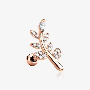 Rose Gold Sparkle Autumn Leaf Cartilage Tragus Barbell Earring