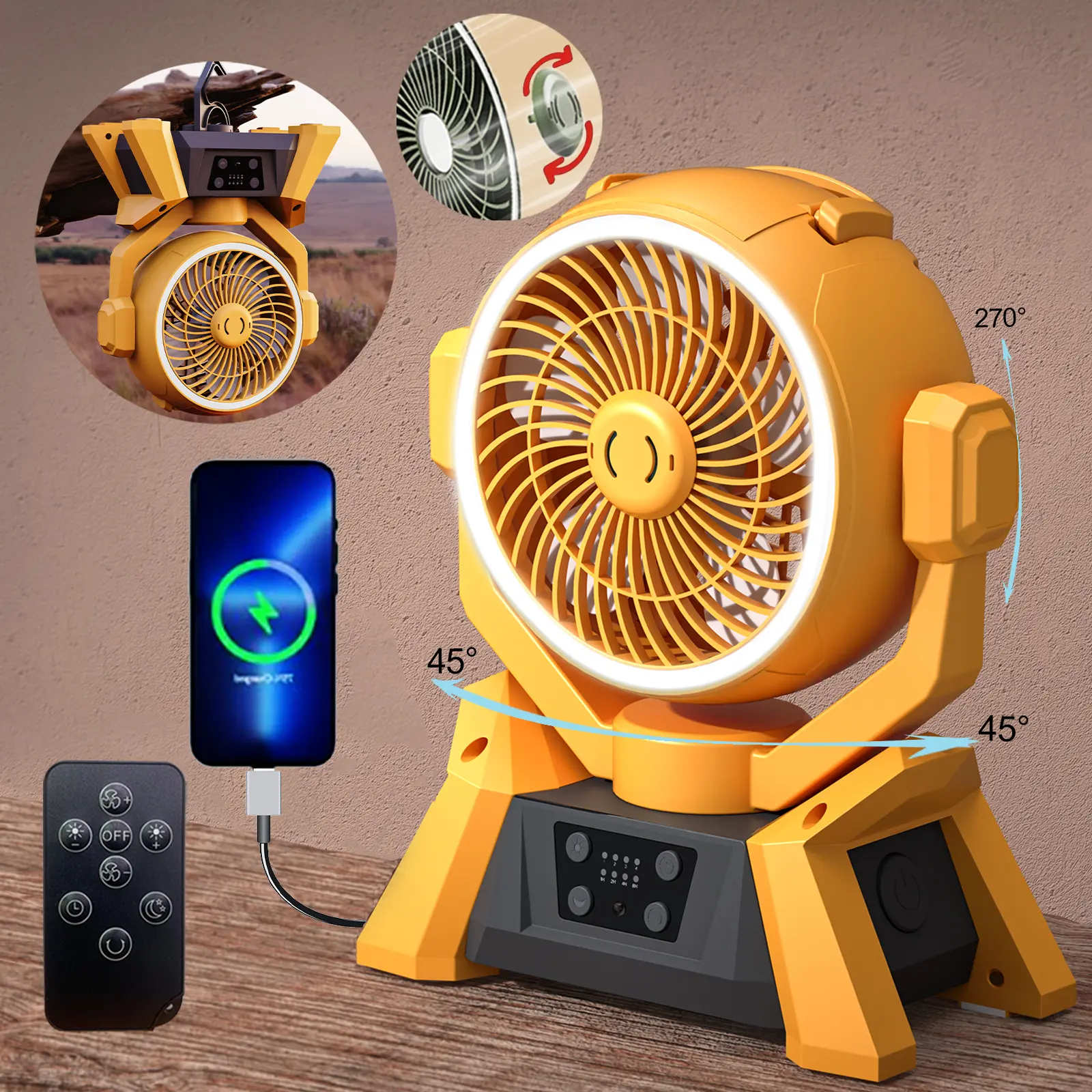20000 mAh Multifunctional Wireless USB Charging Fan - Silent Adjustable, 4 Speeds, LED Light, Remote Control, Hanging & Tabletop Design, Outdoor Tent Fan for Camping & Home Use