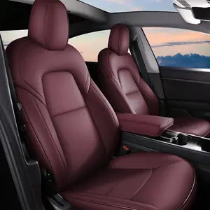 Car Seat Cover Fit for Tesla Model Y 2020-2025 5 Seater - Full Set Wine Red Seat Covers, Faux Leather Material, Waterproof & Stain-Resistant, Custom Fit Design