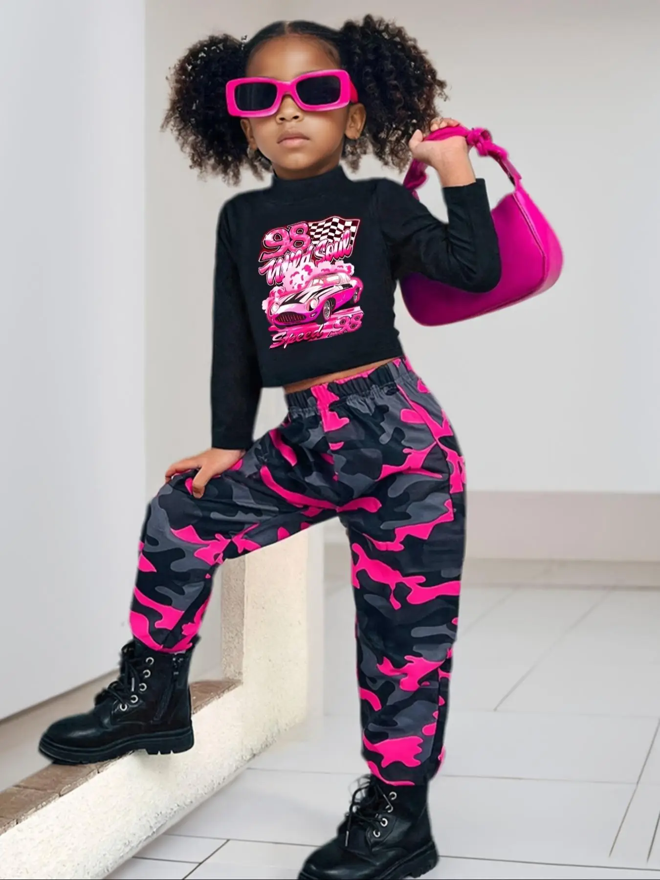 Girl's Car Print T-shirt & Camo Print Pants Two-piece Set, Casual Mock Neck Long Sleeve Tee & Trousers for Spring & Fall, Kids Clothes for Daily Wear