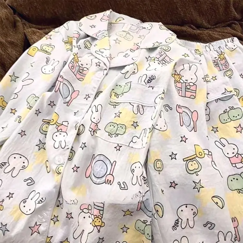Kawaii Miffy Long Sleeve Sleepwear Set Cotton Lightweight Cute Cartoon Rabbit K-trend Loose Fit Pajamas for Women Cozy Home Wear