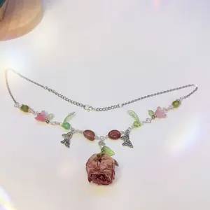 Enchanted Natural Rose Pendant Fairycore Necklace Hypoallergenic Stainless Steel Chain 15.78-18 Inches Length