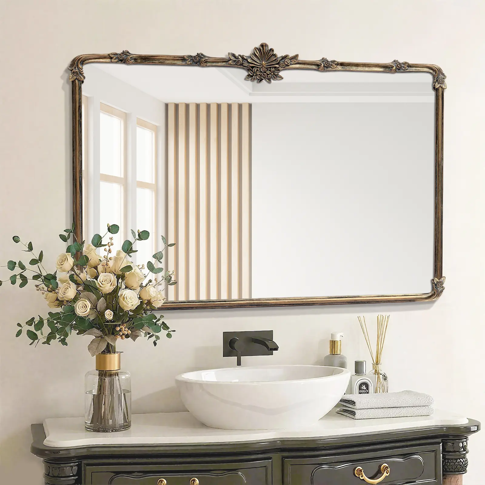 41x30 Rectangle Vintage Gold Finish Bathroom Mirror, Decorative Metal Frame with Classic Luxurious Appearance, Wall Mirror for Entryway Living Room