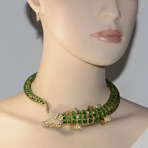 Vintage Kenneth Jay Lane KJL Gold & Crystal Alligator Collar Necklace