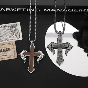 Vintage Wooden Cross Necklace with Wings, Bible Verse Engraved Christian Pendant, Faith Jewelry Gift for Men Women