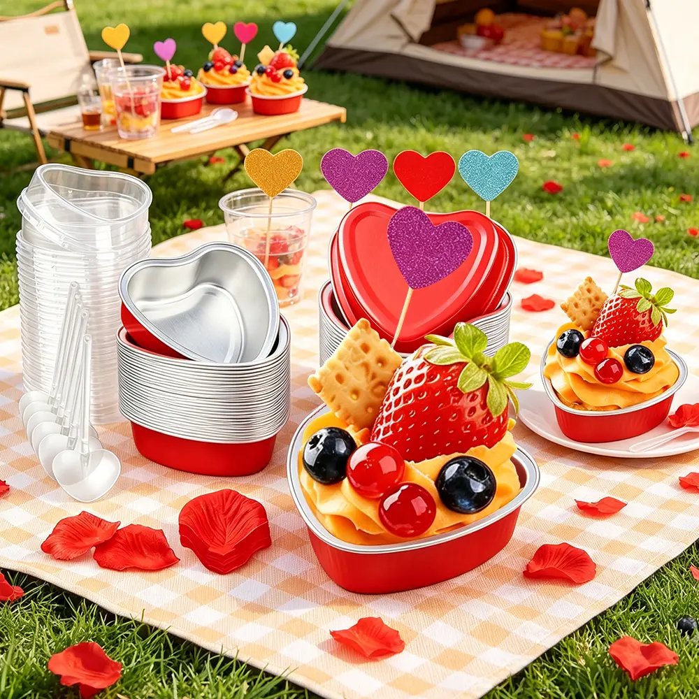 36-Set Sturdy Heart-Shaped Aluminum Bakeware Kit - 3.4 oz Disposable Pre-Formed Mini Foil Cake Pans with Lids, Red Cupcake Cups, Prevents Sticking, Giftable for Valentine’s Day (Home Improvement Versatile Supplies), Baking