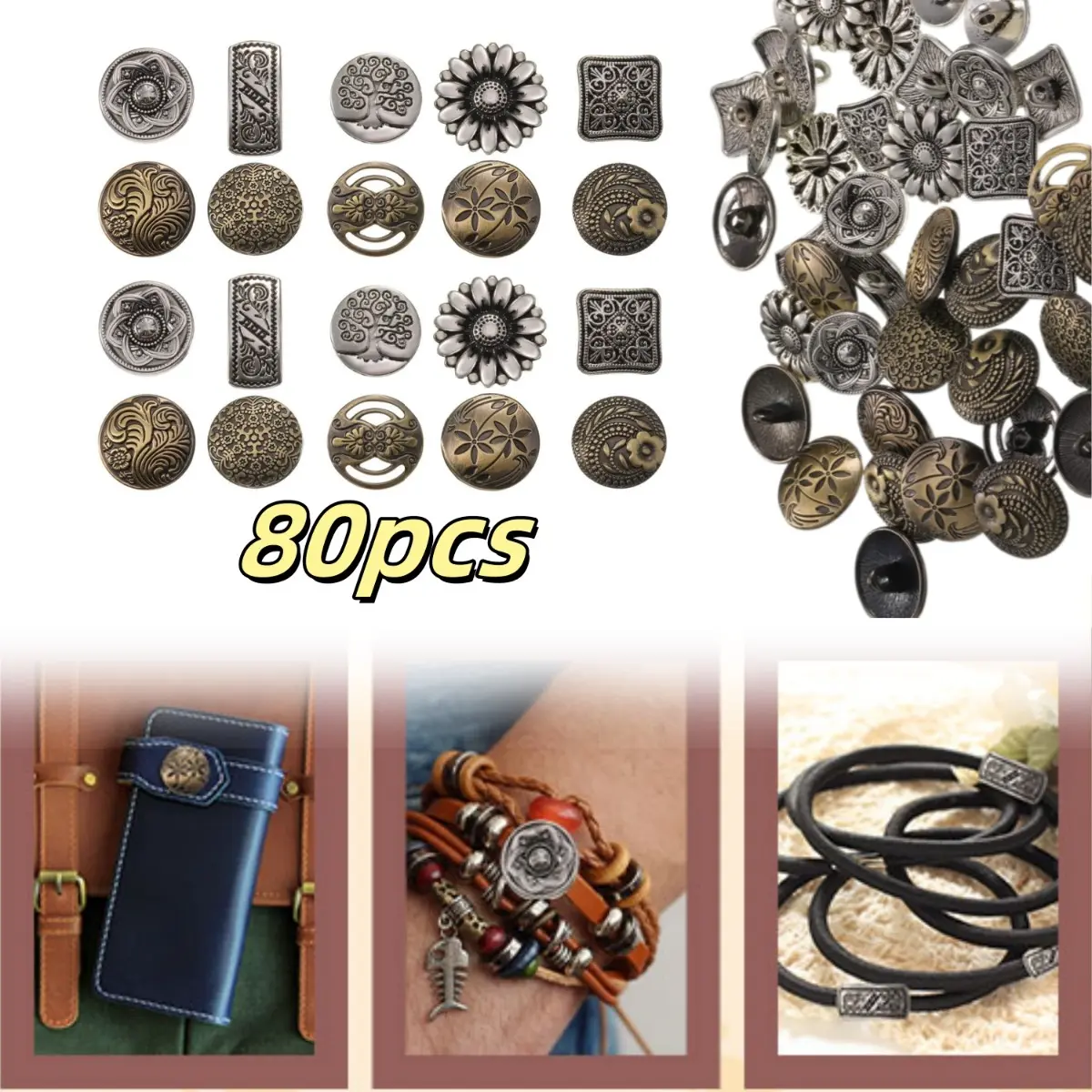 80pcs Zinc Alloy Antique Silver Buttons - 17-23 mm Diameter, 2.2-3.4 mm Hole Size, Lightweight, Mixed Sizes, Retro Vibe, for Sewing, DIY Crafts, Clothing Button Replacement
