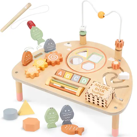 Joyreal Wooden Activity Table Busy Board for Toddler, with Fishing Game Bead Maze Shape Sorter Montessori Toys, Christmas Gift for Kids, #backtoschool