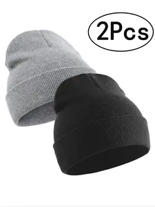 2Pcs-Unisex Two-Tone Knit Beanie Hat, Casual Fitted Design for All Seasons, Stylish Small Cap for Men & Women, Perfect for Daily Wear Knitted Winter Hat