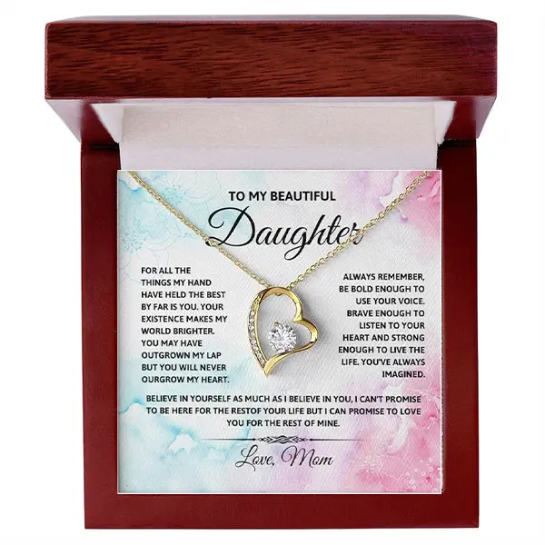 To My Beautiful Daughter Necklace, Valentine's Day Christmas Birthday Mother's Day Graduation Jewelry from Mom with Heartfelt Message & Elegant Box for Holidays