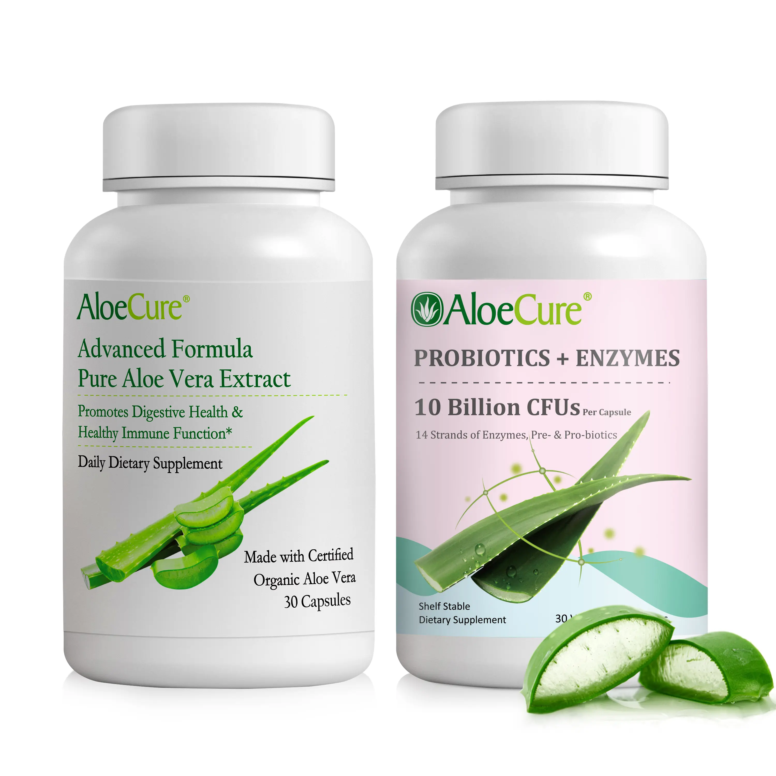 AloeCure 2-Piece Natural Organic Dietary Supplement Pack - Aloe Vera Capsules (1 Btl x 30 Caps), Probiotics (1 Btl) for Balanced Digestive Nutritional Support, Leaf, Gel