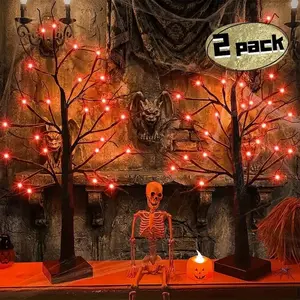 Halloween Tree Light – [2-Piece Set], 24 inches tall, featuring orange and purple lights and 24 LEDs; dual power supply (USB and battery); suitable for indoor home decor, haunted houses, fireplaces, entryways, and tabletops.