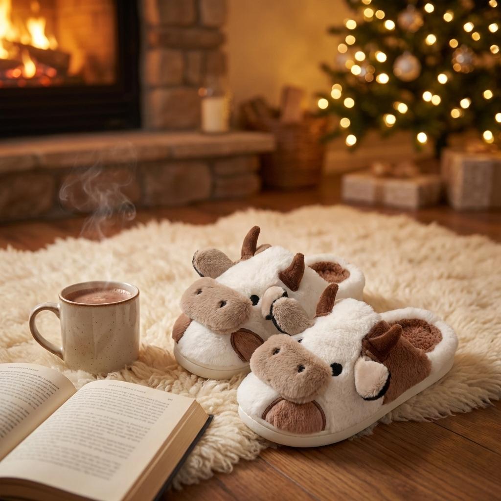 Cute Cow House Slippers for Couple, Kawaii Fuzzy Cozy Funny House Shoes, Cartoon Animal Design Plush Fluffy Slippers for Women & Men, Silent Anti-slip Slippers, Matching Trendy Warm Slippers