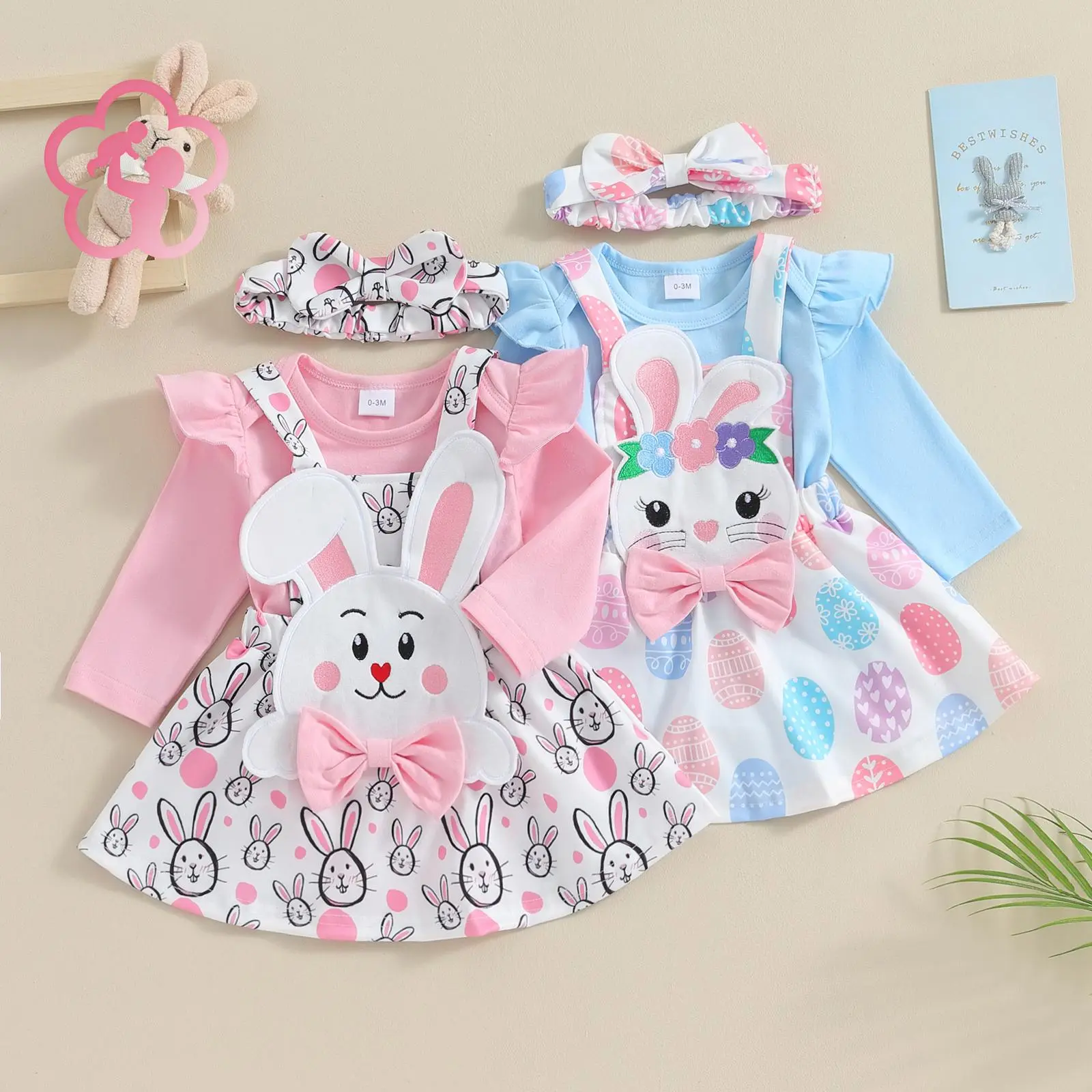 (95% Cotton) GCB Baby Girls Blue Romper Skirt & Headband Set Easter Rabbit Pattern Newborn Outfit for 0-18 Months Spring Clothes