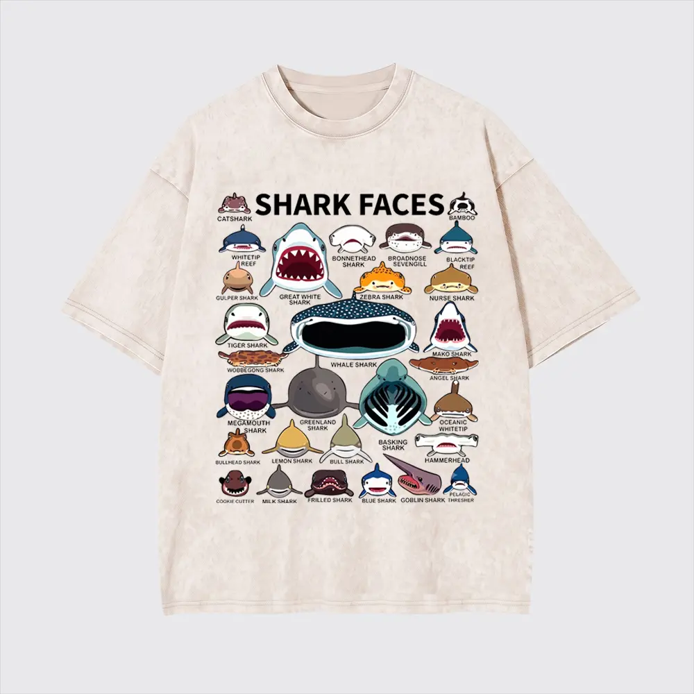 Shark Faces T-Shirt – Funny Shark Species Tee – Ocean Lover Graphic Top Gift Unisex Men Women Shirt,Cute Ocean Animal Graphic Tee with Multiple Shark Species Illustration,Vintage Oversized Casual Cotton Shirt,Soft Breathable Streetwear Top for Beach Trips