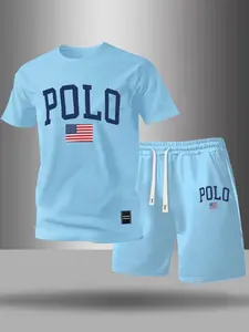 Men's Letter Print Round Neck Short Sleeve Casual T-Shirt + Waist Drawstring Shorts Set, Campus Sports Outdoor Leisure 2 Piece