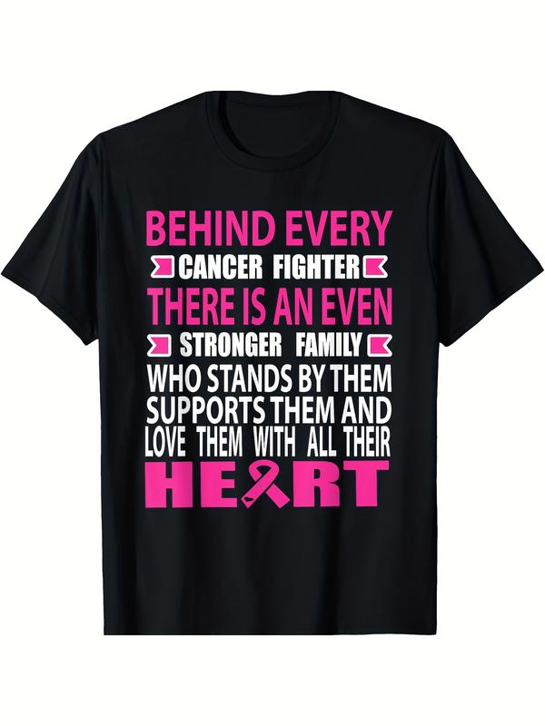 Women's Cotton Crew Neck Short-Sleeve Top - Comfortable Breathable Fabric, Pink-White Bold Text Heart Breast Cancer Family Support Quote Anti-Fade Print, Slim-Fit Apparel for Cancer Fighter's Family