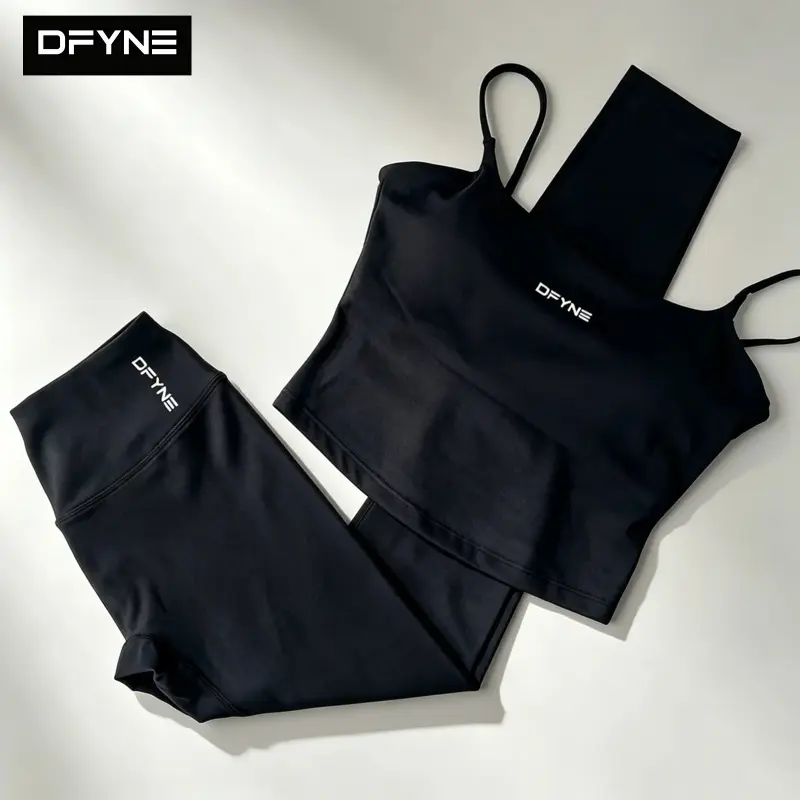 DFYNE 2 Piece Yoga Set – Square Neck Crop Tank & High Waist Seamless Leggings for Women