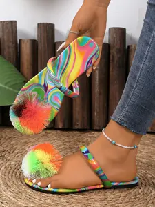 Women's Fashion Fur Ball Flat Sandals, Multicolor Trendy Flats, Student Casual Slippers, Stylish Simple Summer Shoes