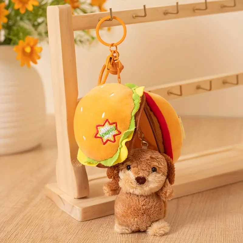 2Pcs Cute Plush Bell Burger Dog Doll Keychains, Fashion Stuffed Toy Accessory Multipack, Key Chain Decorations, Birthday Party Gift for Girls