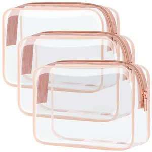 3 Pack Clear Makeup Bag, TSA Approved, 7.5 x 5.5 x 2.2 in, Active Rose Pink