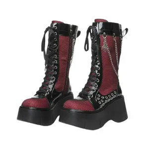 Women'S Chain Platform Boots Fashion Motorcycle Boots Lace Up & Zipper Chunky Heel Black Combat Ankle Booties Fashion Motorcycle Boots
