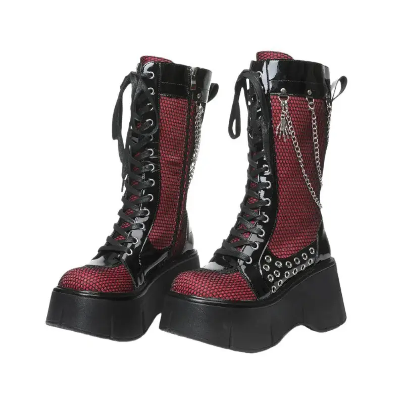 Women'S Chain Platform Boots Fashion Motorcycle Boots Lace Up & Zipper Chunky Heel Black Combat Ankle Booties Fashion Motorcycle Boots