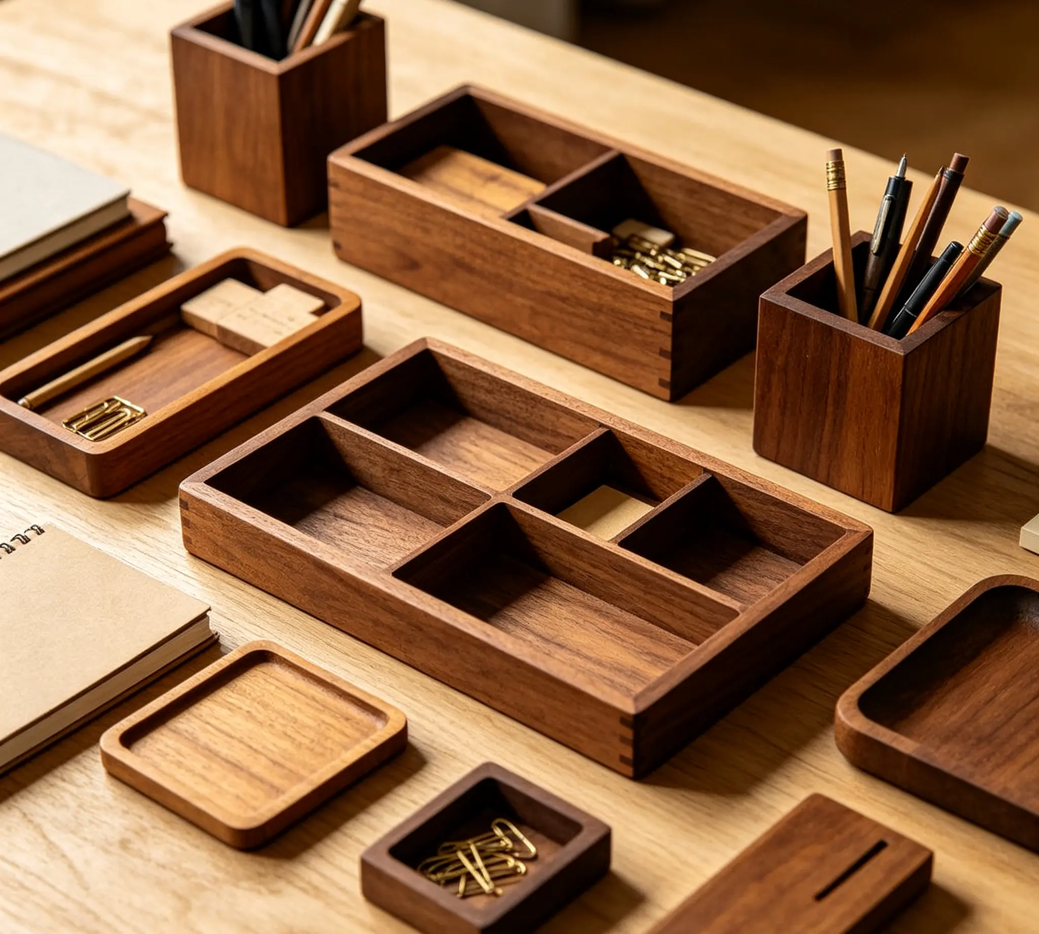 Wooden Desktop Storage Box With Drawers, Rustic Wood Tabletop Organizer for Trinkets, Craft Supplies, Office Accessories & Collectibles