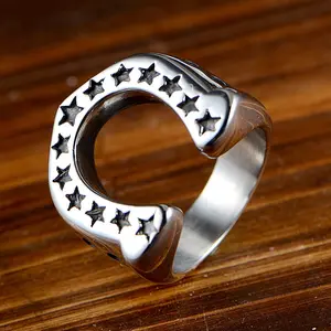 Men's Stainless Steel Statement Ring, Retro Hip-Hop Geometric Design with Horseshoe & Star, Sparkling Zircon for Parties