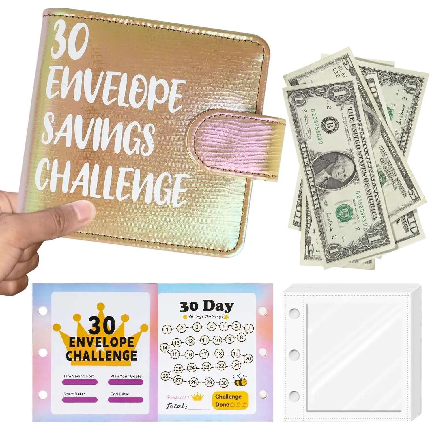 Mini  Challenge Binder - Save $465 / $1000 in 1 Month with 30  Envelopes & Budget , PU Leather Beginner Budgeting Kit Portable  Saving Book
