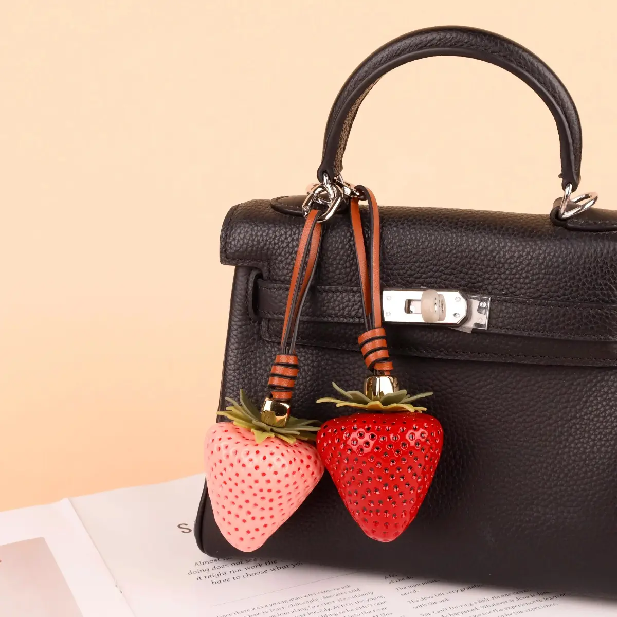 Cute Strawberry Resin Bag Charm, Pink and Red Fruit Pendant - Decorative Purse Accessory for Handbags, Purse Charms For Handbags, Charms For Purses