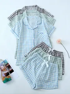 Women's Plaid Print Button Front Shirt & Bow Decor Shorts Lounge Wear Set, Short Sleeve Lapel Top & Elastic Waist Shorts Pj Set, Women's Pajamas Set, Pajama Sets Women, Casual Comfortable Pyjama Set for Women, Nightwear Sets, Checkered Lounge Set