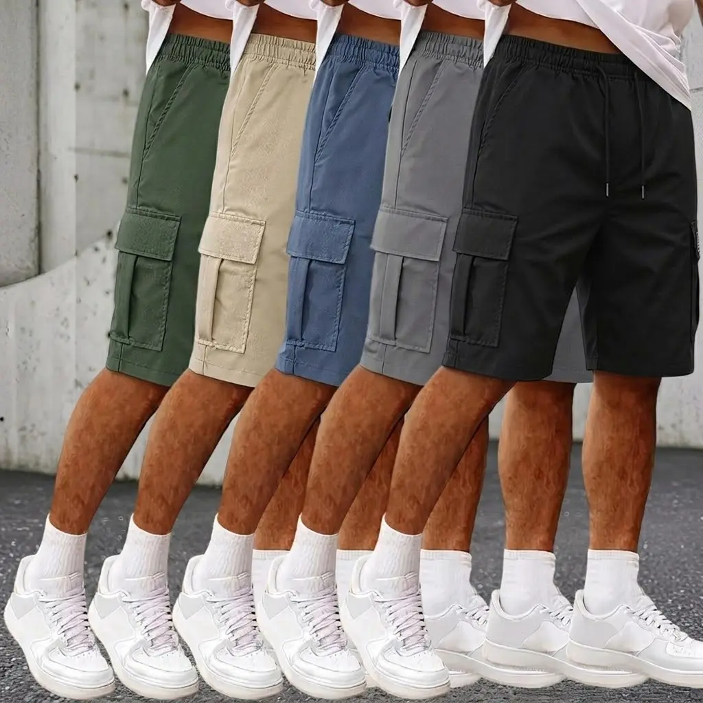 Chic Menswear Baggy Cargo Shorts, 5-Pack Plain Polyester Set with Multiple Pockets & Adjustable Waistband for Summer Hiking, Men's Wear, All Seasons, Cold Wash, Dry Clean, Hiking / Light Outdoor, Woven